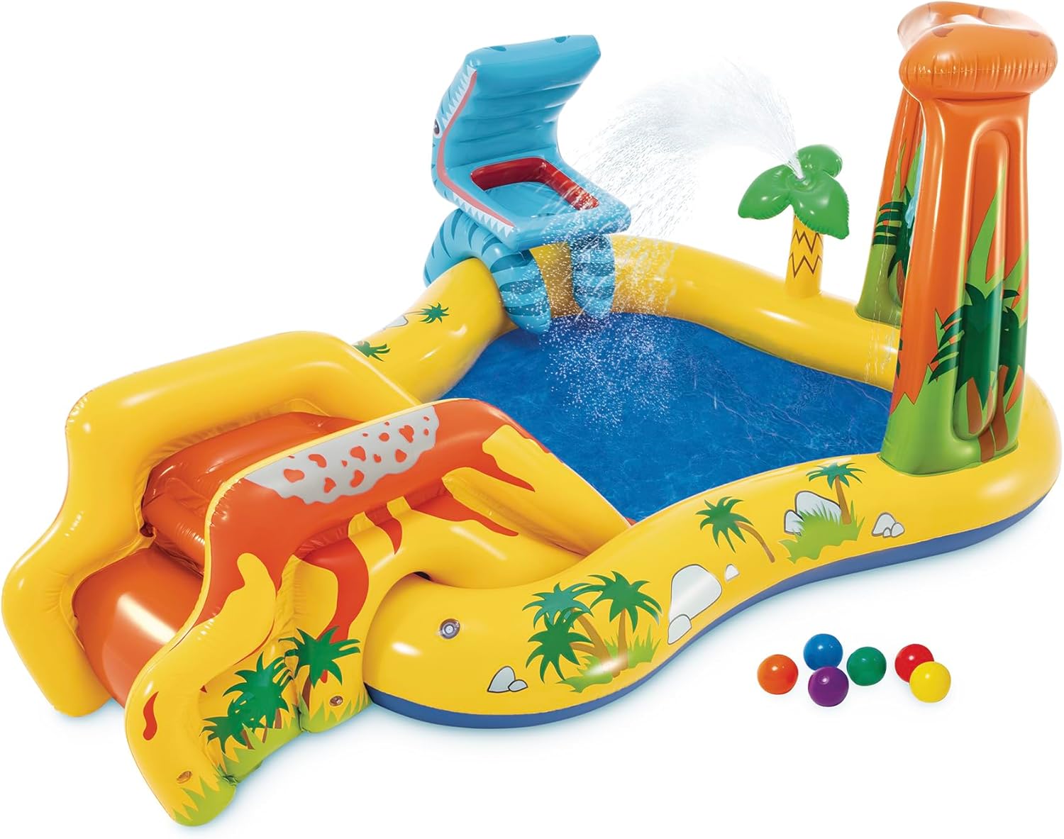 Inflatable Dinosaur Play Center Outdoor Playhouse Inflatable Water Park with Kid Pool Slide, Water Sprayer, Waterfall, and 6 Balls, Multicolor