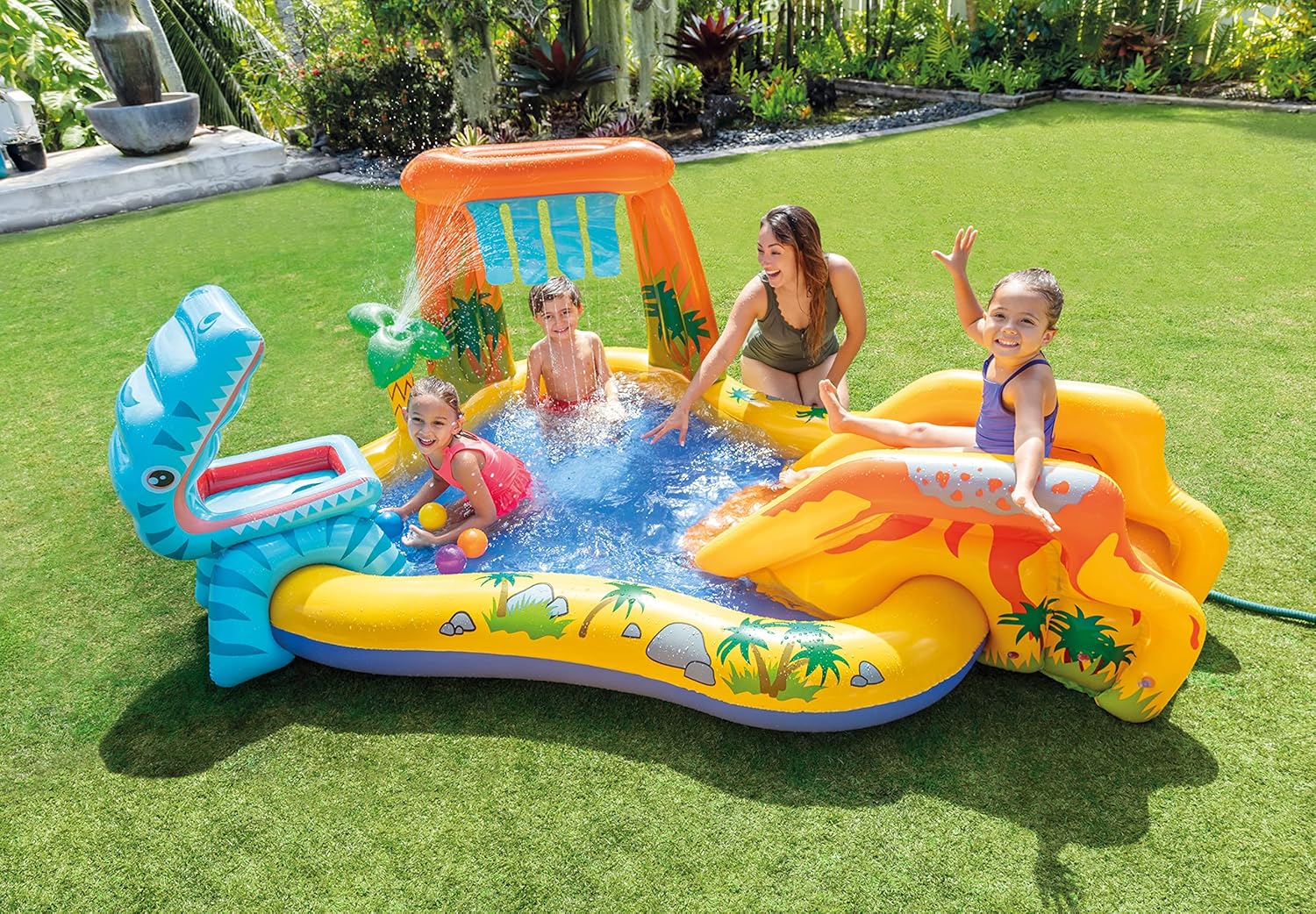 Inflatable Dinosaur Play Center Outdoor Playhouse Inflatable Water Park with Kid Pool Slide, Water Sprayer, Waterfall, and 6 Balls, Multicolor